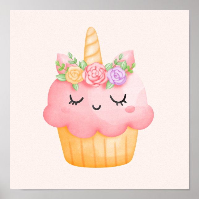 Niedlich Pink Cupcake Unicorn mit Rose Poster (Vorne)
