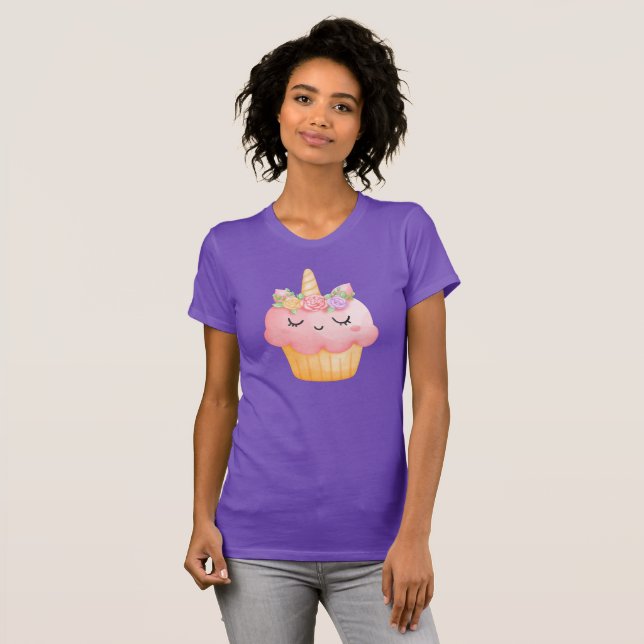 Niedlich Pink Cupcake Unicorn mit Rose T-Shirt (Vorne ganz)