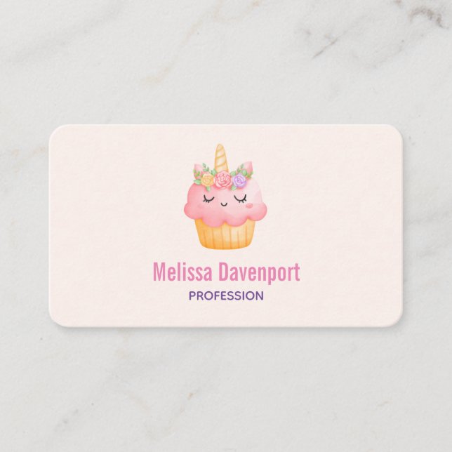 Niedlich Pink Cupcake Unicorn mit Rose Visitenkarte (Vorderseite)