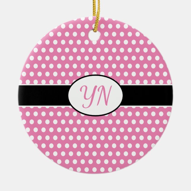 Niedlich Pink Custom initials Polka Dot Keramik Ornament (Vorne)