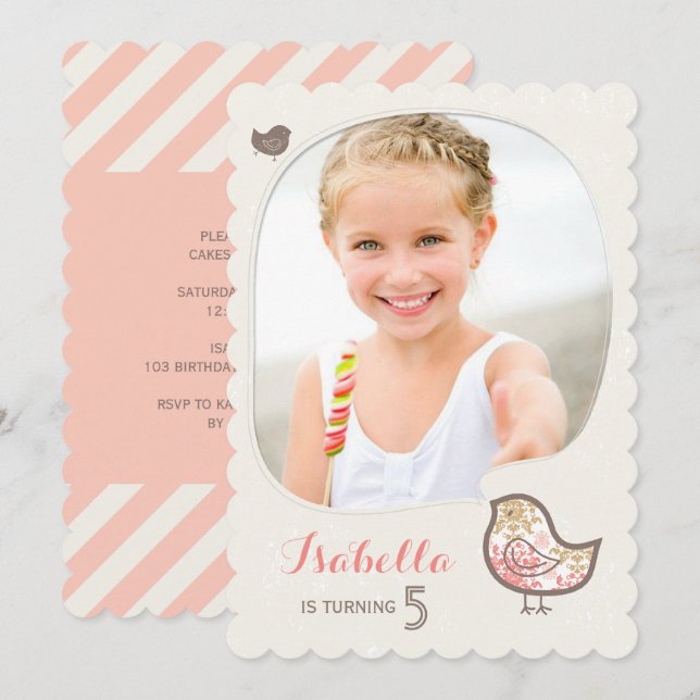 Niedlich Pink Damask Bird Foto Girl Birthday Einla Einladung (Vorne/Hinten)