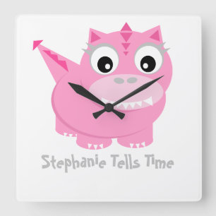 Niedlich Pink Dino Kawaii Cartoon Quadratische Wanduhr