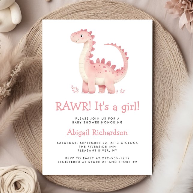 Niedlich Pink Dinosaur Girl Babydusche Einladung (Von Creator hochgeladen)