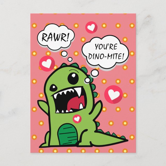 Niedlich Pink Dinosaurier Dino Mite Kids Hallo Postkarte (Vorderseite)