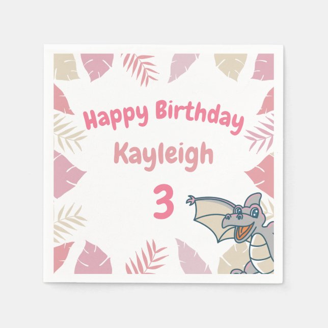 Niedlich Pink Dinosaurier Dragon Geburtstag Serviette (Vorderseite)
