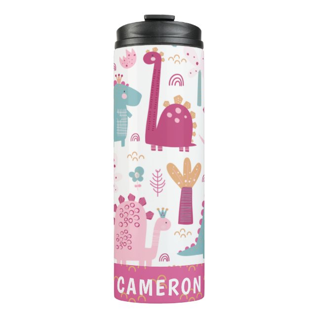 Niedlich Pink Dinosaurier Personalisiert Thermosbecher (Vorderseite)