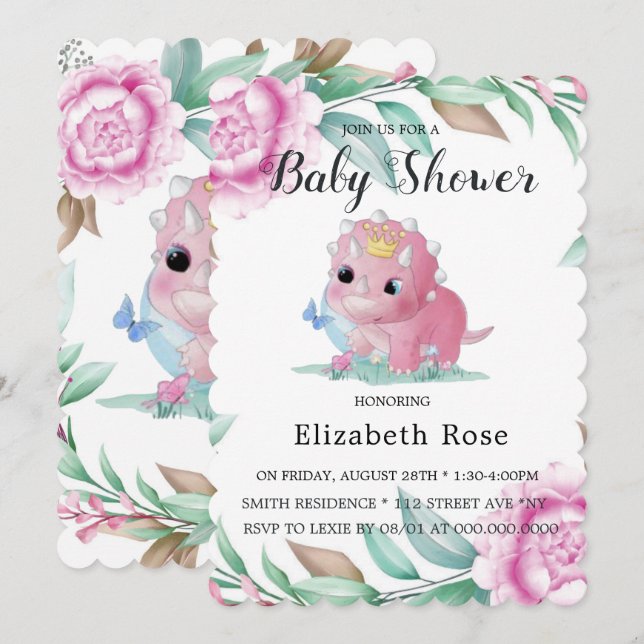 Niedlich Pink Dinosaurier und Peony Baby Showeinla Einladung (Vorne/Hinten)
