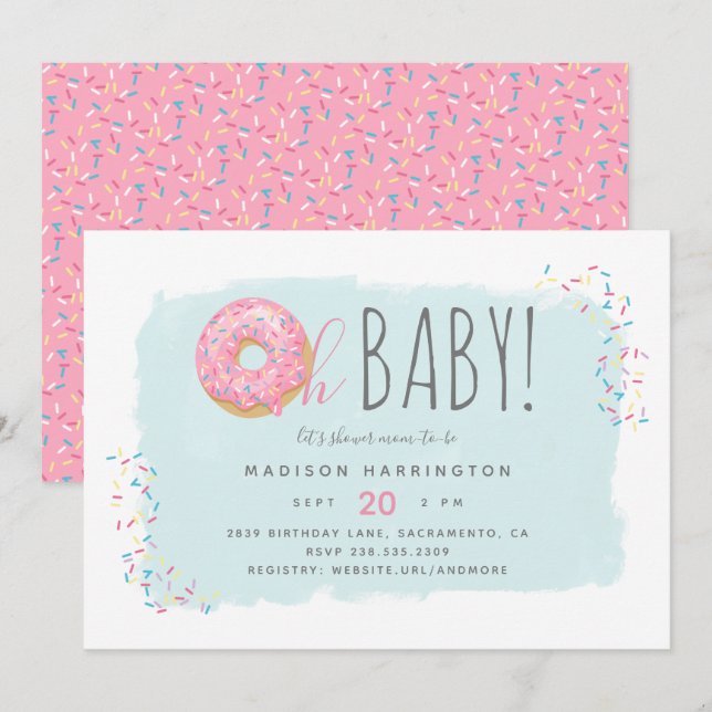Niedlich Pink Donut Sprinkle Moderne Oh Babydusche Einladung (Vorne/Hinten)