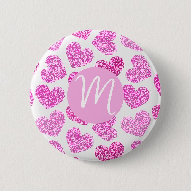Niedlich Pink Doodled Heart Valentine's Day Monogr Button (Vorderseite)