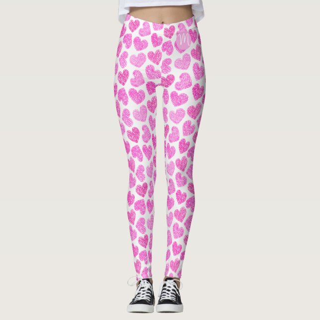 Niedlich Pink Doodled Heart Valentine's Day Monogr Leggings (Vorderseite)