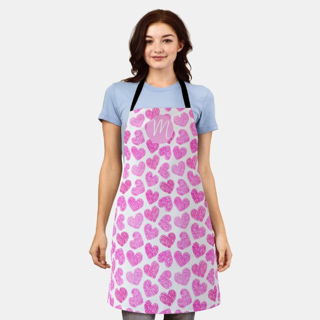 Niedlich Pink Doodled Heart Valentine's Day Monogr Schürze (Getragen)