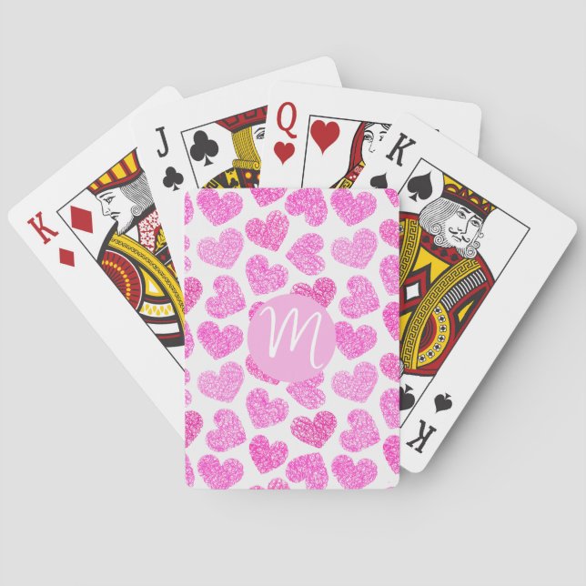 Niedlich Pink Doodled Heart Valentine's Day Monogr Spielkarten (Rückseite)