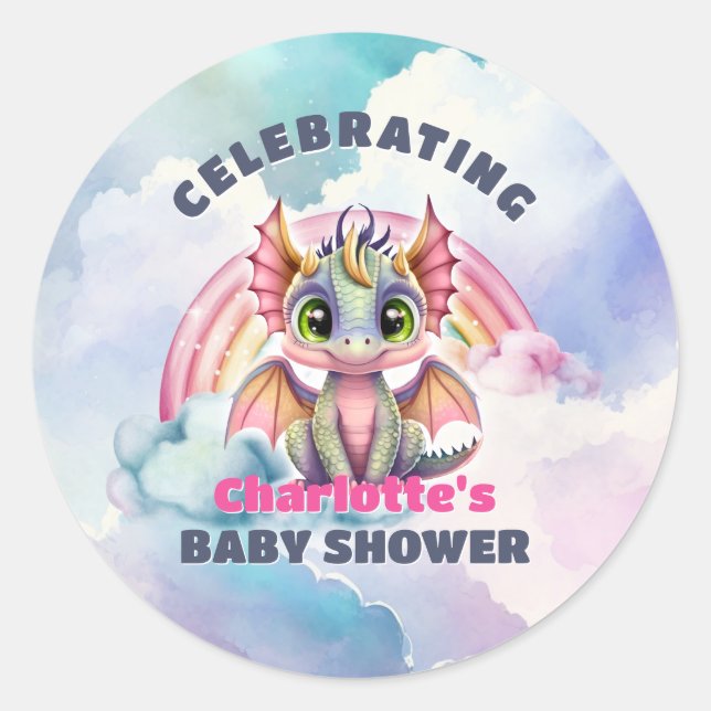 Niedlich Pink Dragon Baby Dusche Party Umschlag Au Runder Aufkleber (Vorderseite)
