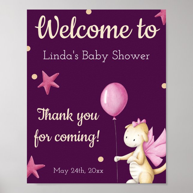 Niedlich Pink Dragon Baby Dusche Willkommen Poster (Vorne)