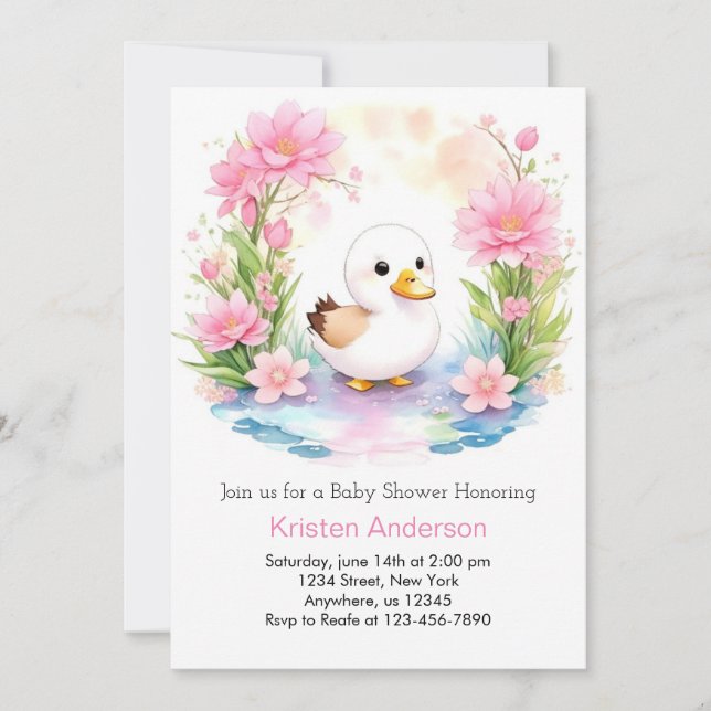 Niedlich Pink Duck Girl Babydusche Einladung (Vorderseite)