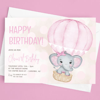 Niedlich Pink Elephant Ballon 1. Geburtstag Einladung