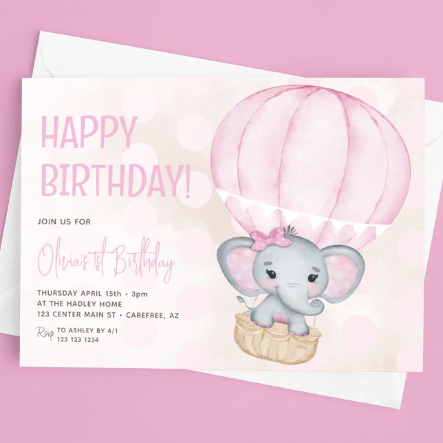 Niedlich Pink Elephant Ballon 1. Geburtstag Einladung (Von Creator hochgeladen)