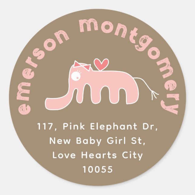 Niedlich Pink Elephant Girl Baby Birth Rücksendead Runder Aufkleber (Vorderseite)