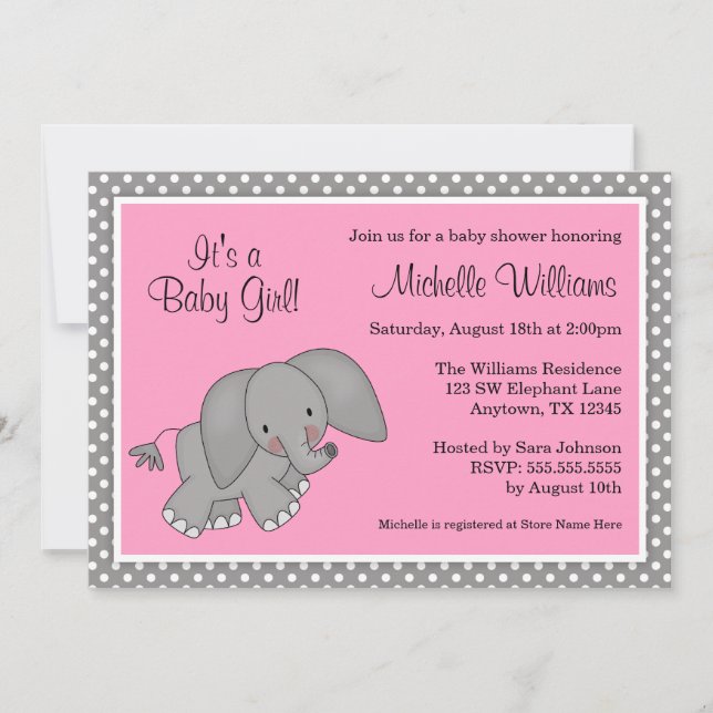 Niedlich Pink Elephant Girl Babydusche Einladungen (Vorderseite)