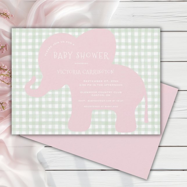Niedlich Pink Elephant Green Gingham Baby Dusche Einladung (Von Creator hochgeladen)