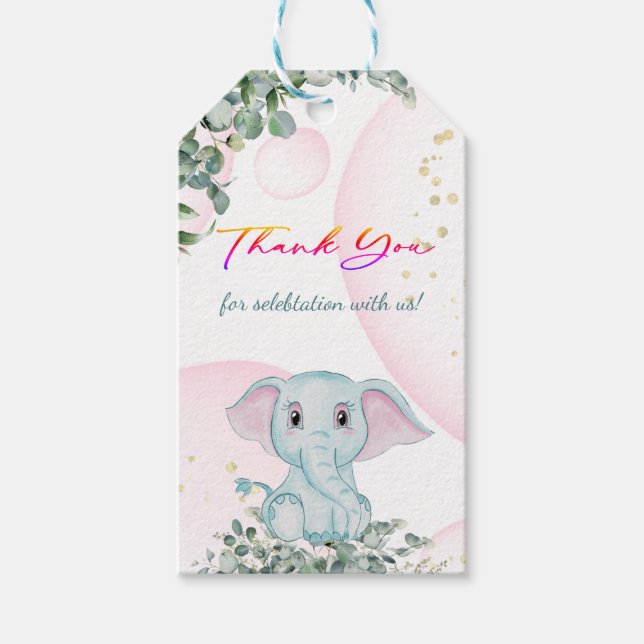 Niedlich Pink Elephant Safari Jungle Baby Dusche Geschenkanhänger (Vorderseite)