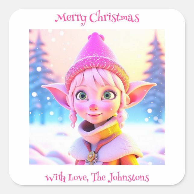Niedlich Pink Elf Whimsisches Personalisiertes Wei Quadratischer Aufkleber (Vorderseite)
