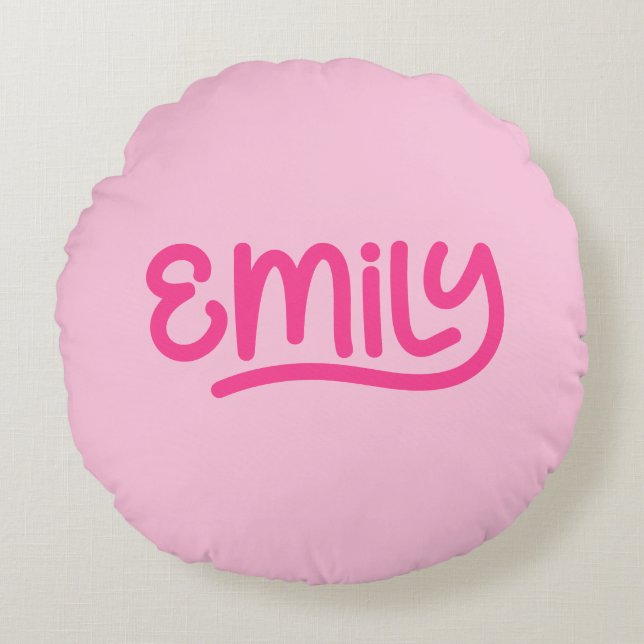 Niedlich Pink Emily Handwriting Typografy Rundes Kissen (Vorderseite)