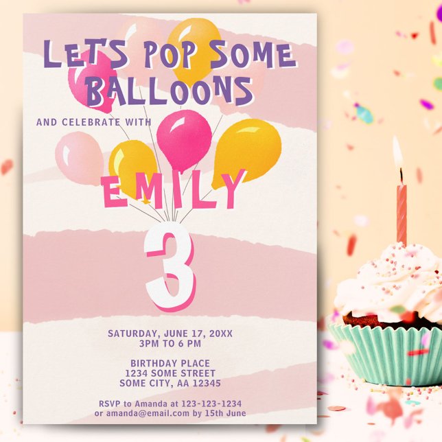 Niedlich Pink farbenfrohe Balloons Girl's Birthday Einladung (Von Creator hochgeladen)