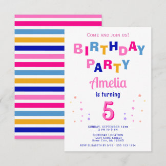 Niedlich Pink farbenfrohe Star Typografy Girl Gebu Einladung