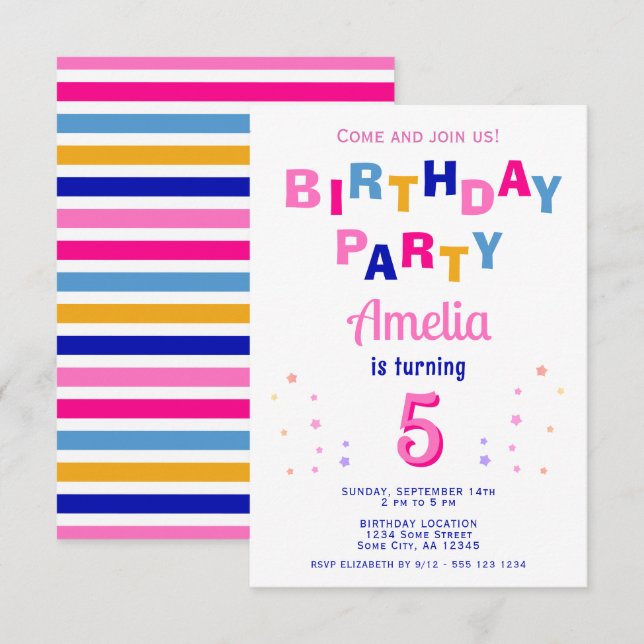 Niedlich Pink farbenfrohe Star Typografy Girl Gebu Einladung (Vorne/Hinten)