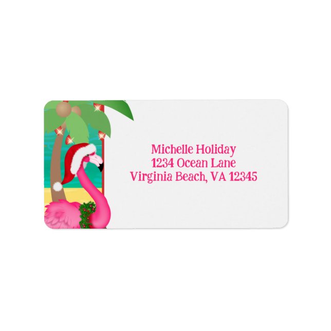 Niedlich Pink Flamingo Beach Weihnachtsansprache Adressaufkleber (Vorne)