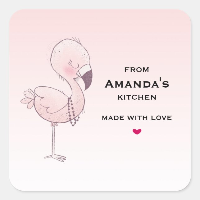 Niedlich Pink Flamingo Illustration Küche Quadratischer Aufkleber (Vorderseite)