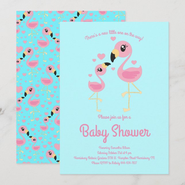 Niedlich Pink Flamingo Kinderdusche Einladung (Vorne/Hinten)