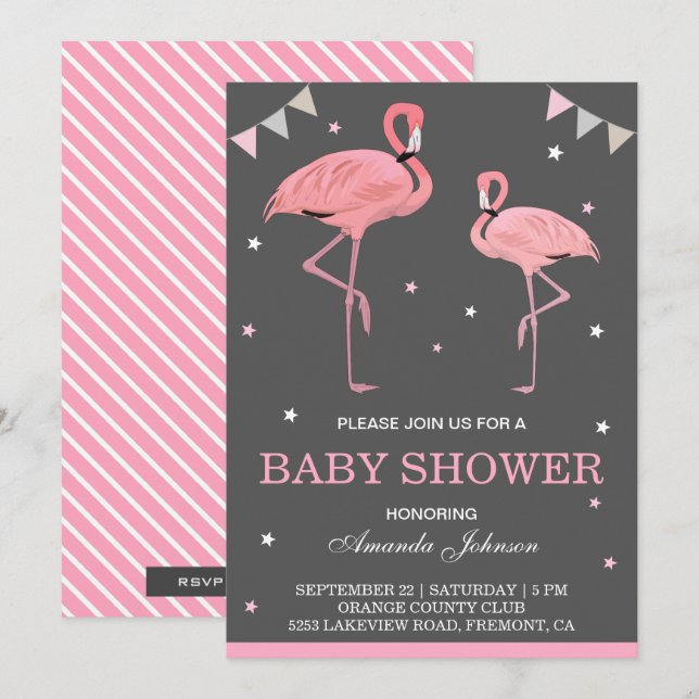Niedlich Pink Flamingo Kinderdusche Einladung (Vorne/Hinten)