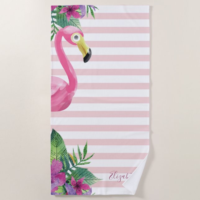 Niedlich Pink Flamingo Palm Blätter Blume Strandtuch (Vorderseite)
