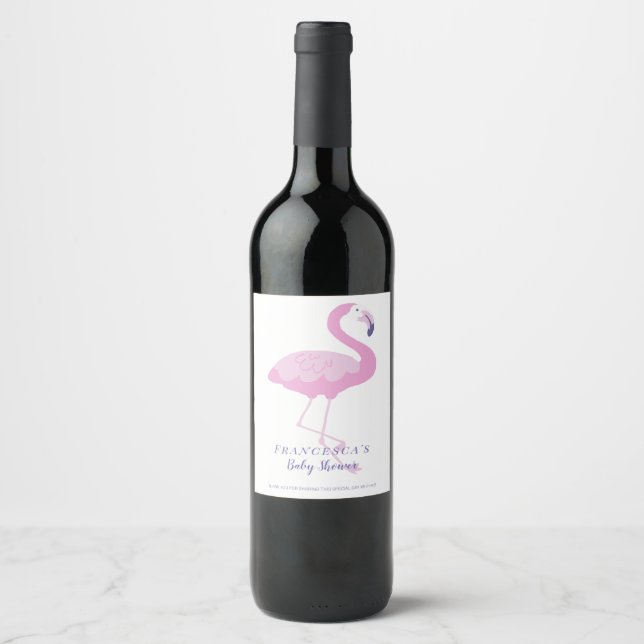 Niedlich Pink Flamingo Vielen Dank Baby Dusche Weinetikett (Vorderseite)