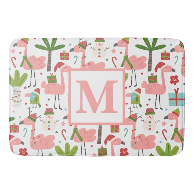 Niedlich Pink Flamingo Weihnachtsmonogramm Initial Badematte (Vorderseite)