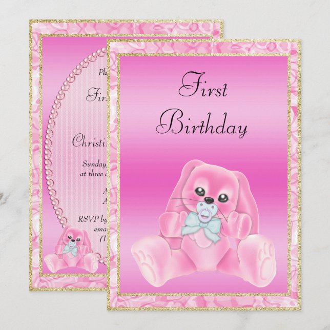 Niedlich Pink Floppy Eis Bunny First Birthday Einladung (Vorne/Hinten)