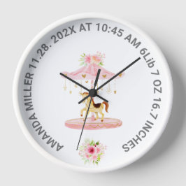 Niedlich Pink Floral Baby Geburtsdatum Pony Carous Große Wanduhr