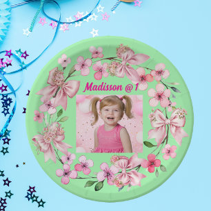 Niedlich Pink Floral Bow Foto 1. Geburtstag Party Pappteller