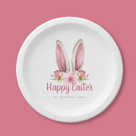 Niedlich Pink Floral Bunny Oars Happy Osterfeier Pappteller
