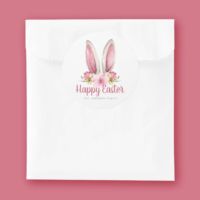 Niedlich Pink Floral Bunny Oars Happy Osterfeier Runder Aufkleber (Cute Pink Floral Bunny Ears Happy Easter Classic Round Sticker)