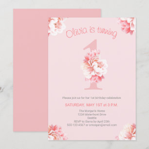 Niedlich Pink Floral Girl's First Birthday Party Einladung