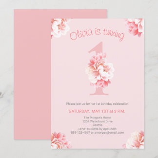 Niedlich Pink Floral Girl's First Birthday Party Einladung