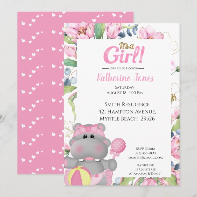 Niedlich Pink Floral Hippo Kinderdusche Einladung (Vorne/Hinten)