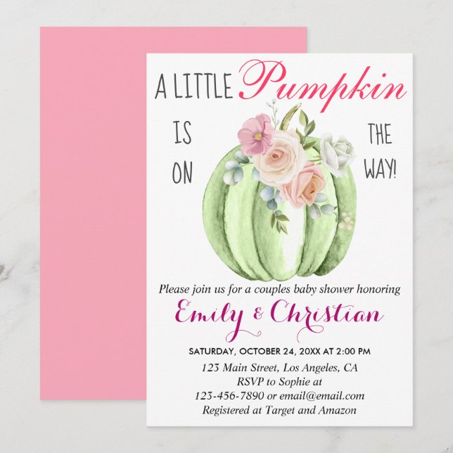 Niedlich Pink Floral Kleine Pumpkin Coupel Kinderd Einladung (Vorne/Hinten)
