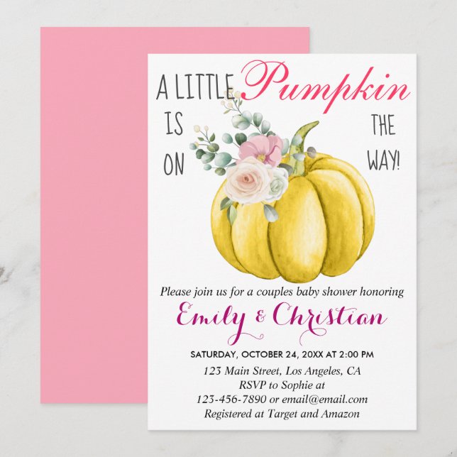 Niedlich Pink Floral Kleine Pumpkin Coupel Kinderd Einladung (Vorne/Hinten)