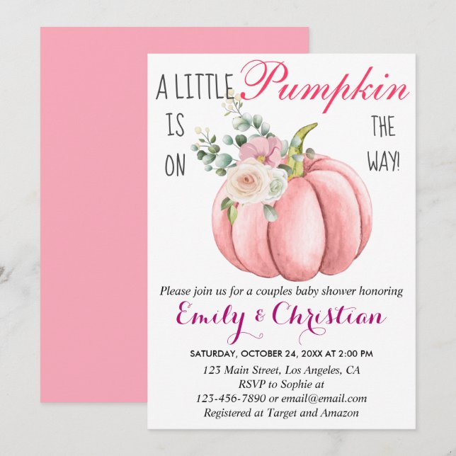 Niedlich Pink Floral Kleine Pumpkin Coupel Kinderd Einladung (Vorne/Hinten)
