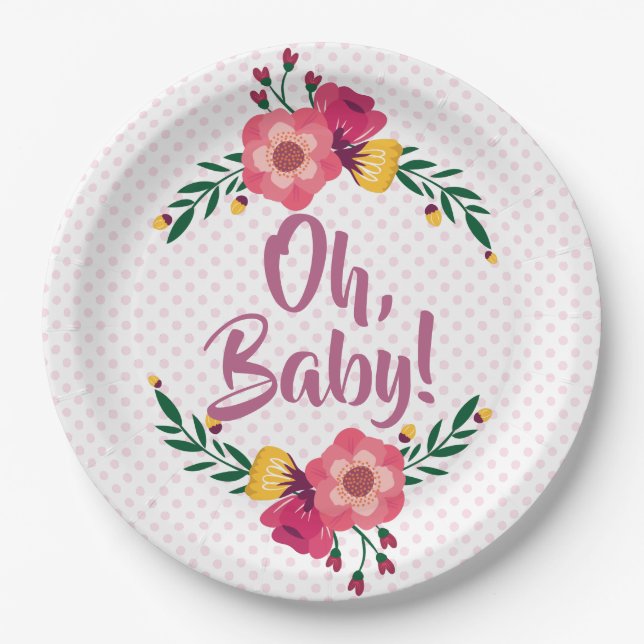 Niedlich Pink Floral Oh Baby Dusche Pappteller (Vorderseite)