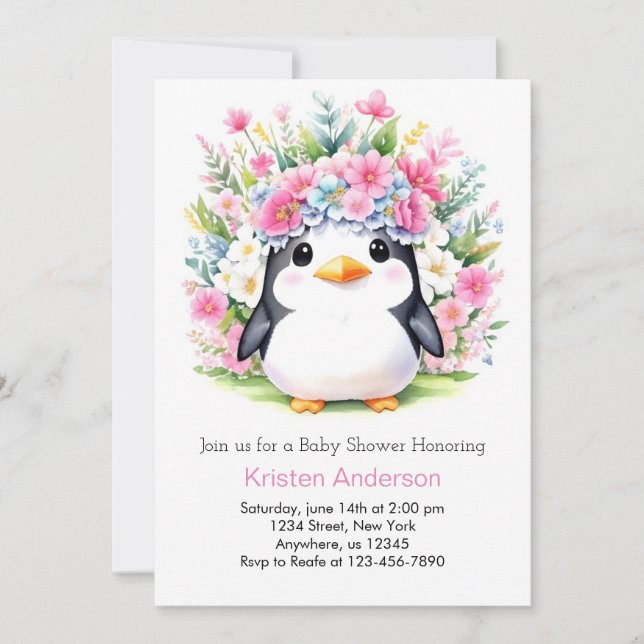 Niedlich Pink Floral Pinguin Wonderland Babydusche Einladung (Vorderseite)
